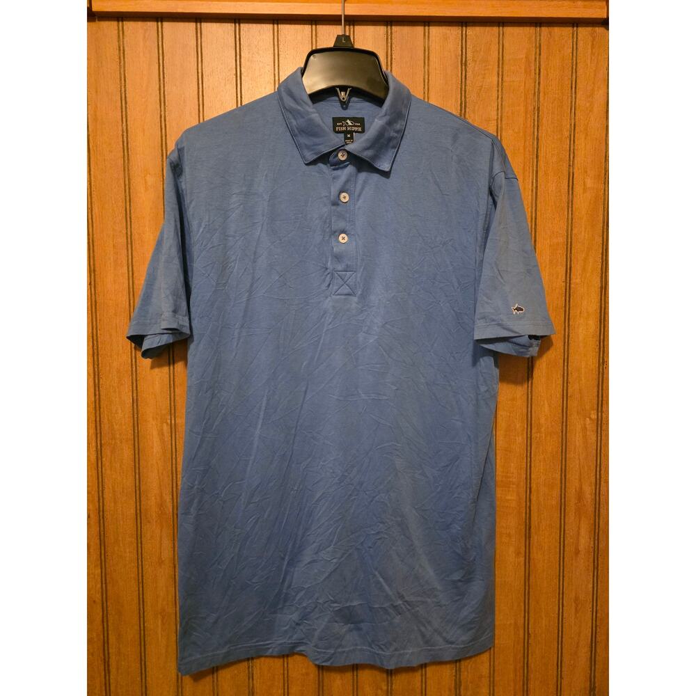 Fish Hippie Polo Shirt Men Sz M Blue Short Sleeve‎ Stretch Button Collar Golf
